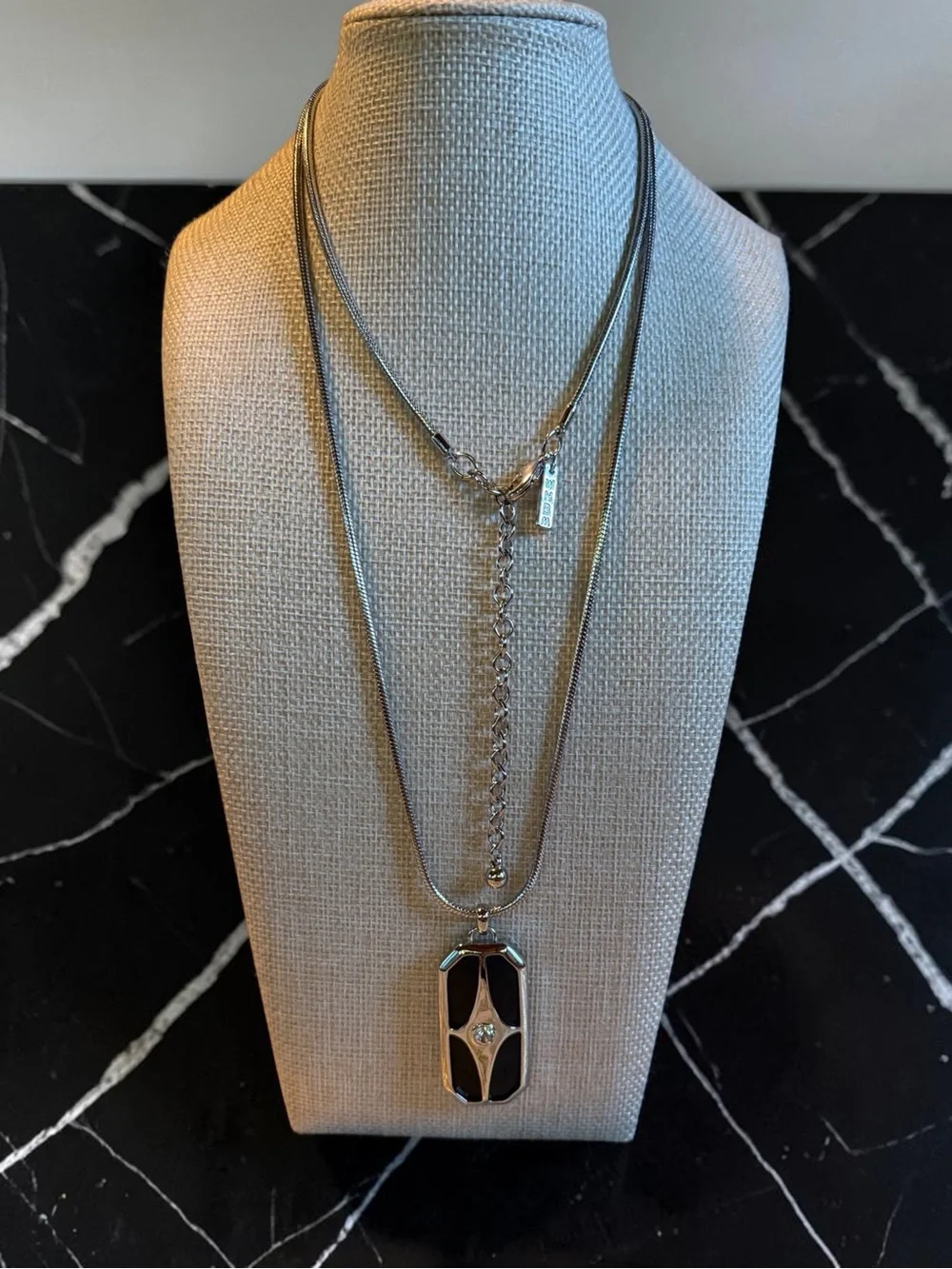 White House Black Market Silver-Tone Necklace with Black Enamel Pendant